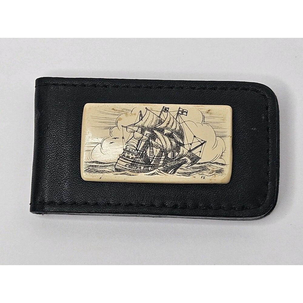 Vintage Scrimshaw Style Sailing Ship Magnetic Black Leather Money Clip
